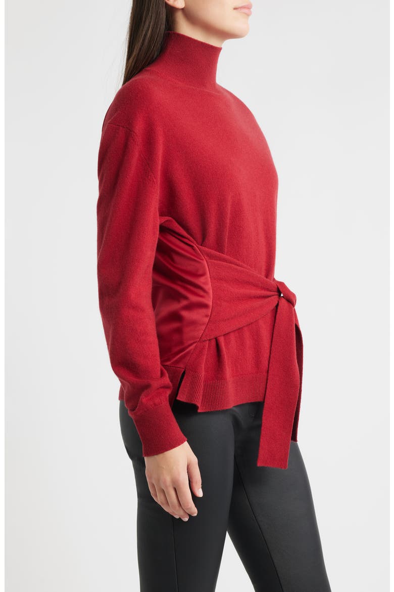 Falandia Tie Waist Mixed Media Turtleneck Wool & Cashmere Sweater, Alternate, color, DEEP RUBY