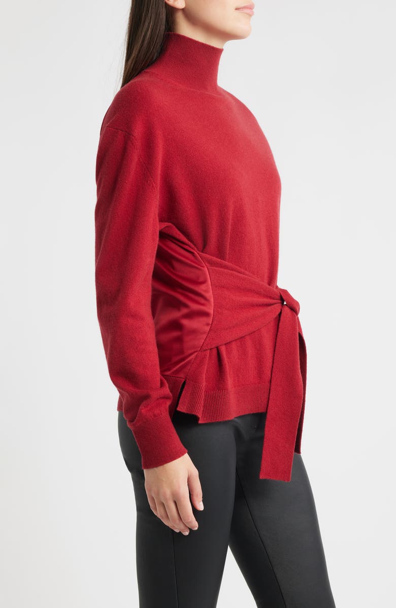 BOSS Falandia Tie Waist Mixed Media Turtleneck Wool & Cashmere Sweater, Alternate, color, Deep Ruby