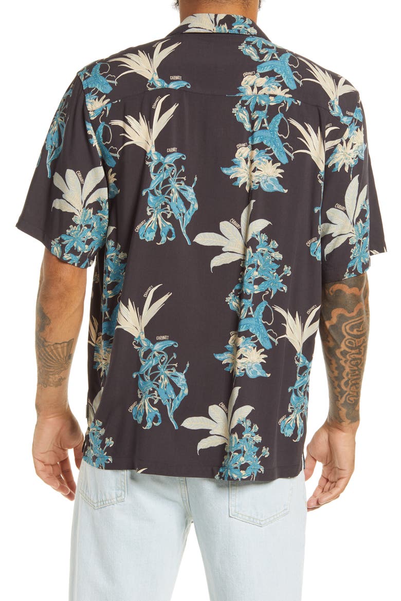 Floral Print Short Sleeve Camp Shirt, Alternate, color, HAWAIIAN FLORAL PRINT/ BLACK