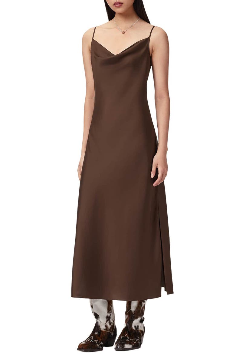 AllSaints Hadley Satin Slipdress, Main, color, Bitter Brown