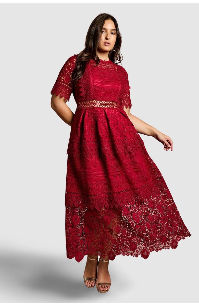 Coast Plus Short Sleeve Lace Midi Dress, Main, color, Berry