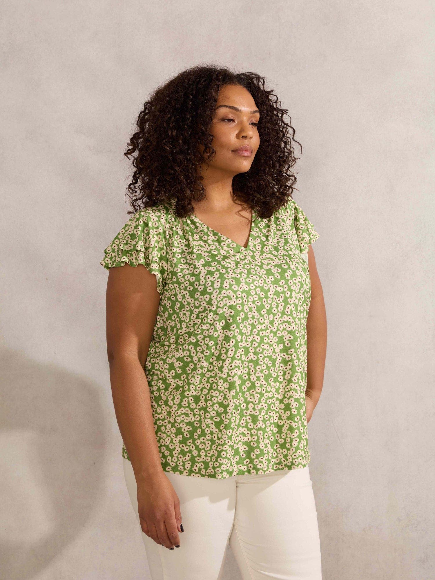 Ditsy Jersey Flutter Sleeve Top