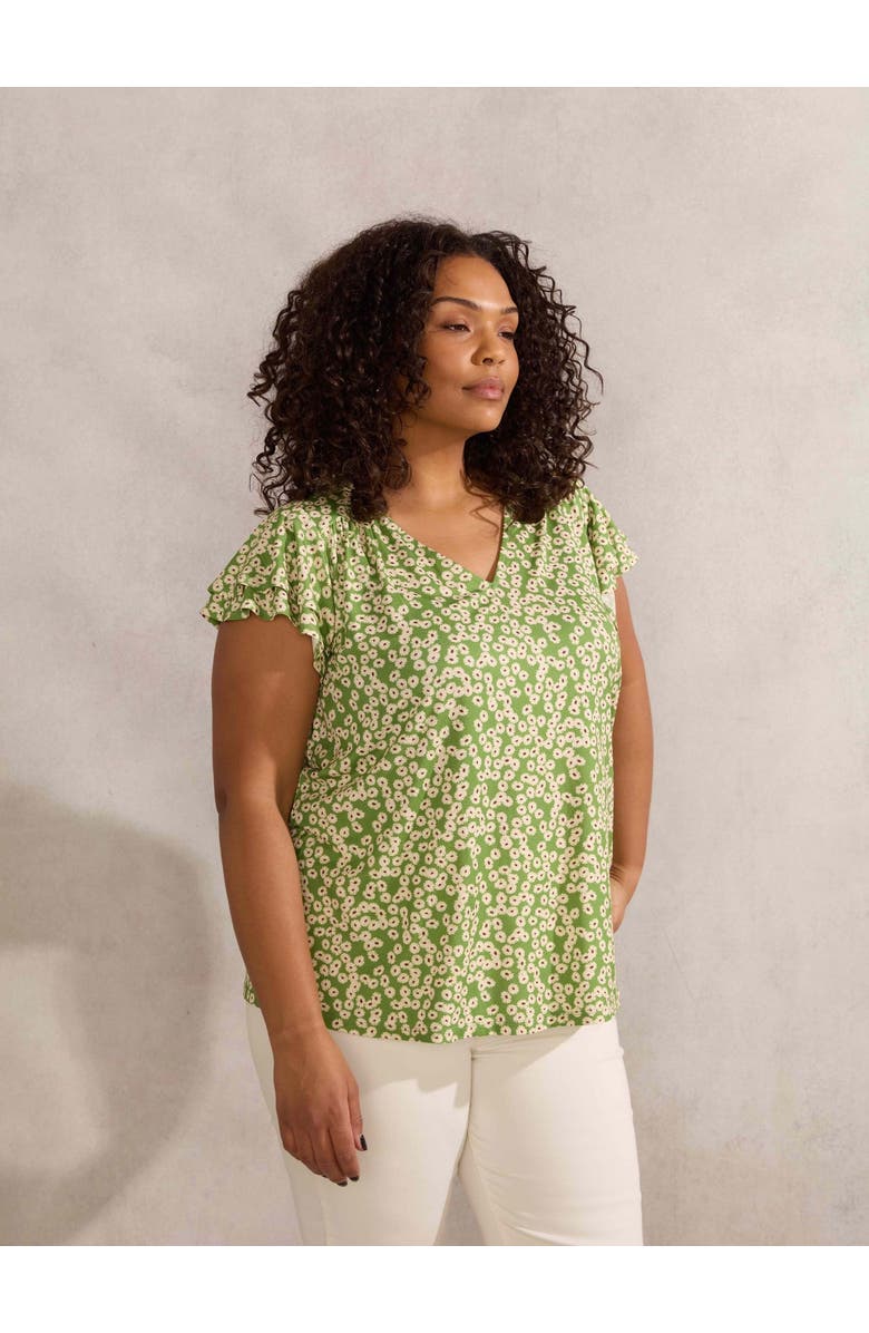 Live Unlimited Ditsy Jersey Flutter Sleeve Top, Main, color, Green