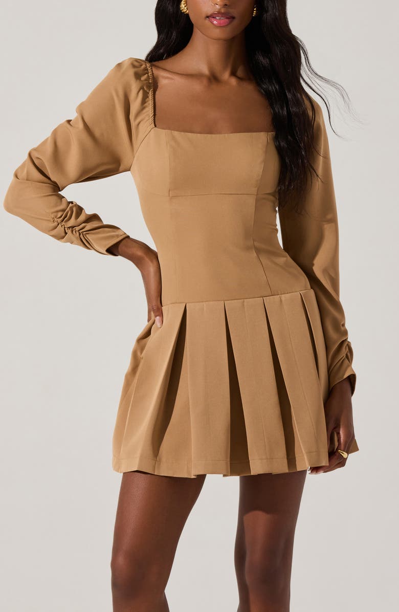 ASTR the Label Long Sleeve Pleated Minidress, Alternate, color, Tan