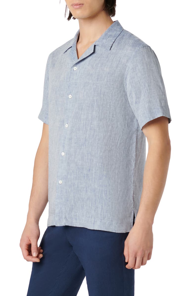 Bugatchi Jackson Shaped Fit Linen Button-Up Camp Shirt, Alternate, color, Navy