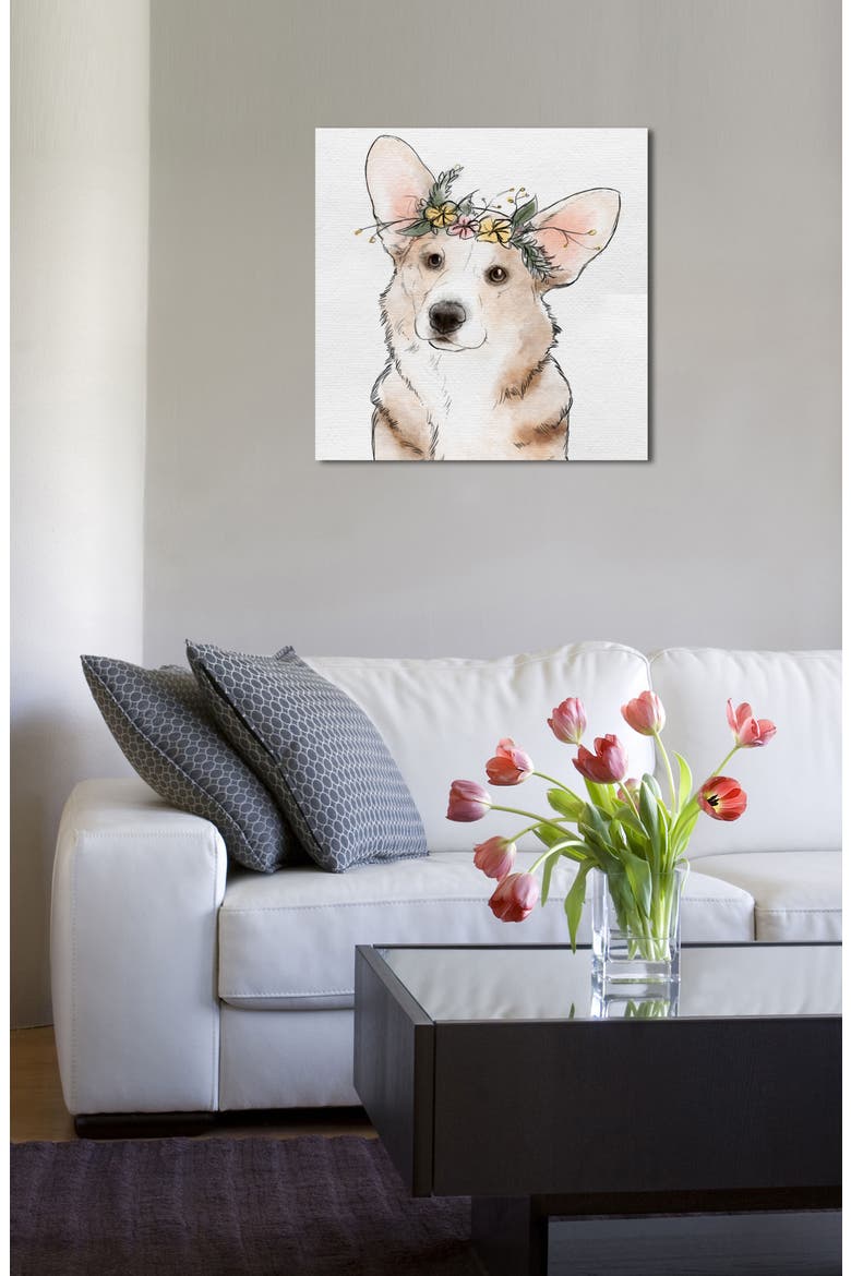Floral Crown Corgi Canvas Wall Art, Alternate, color, WHITE