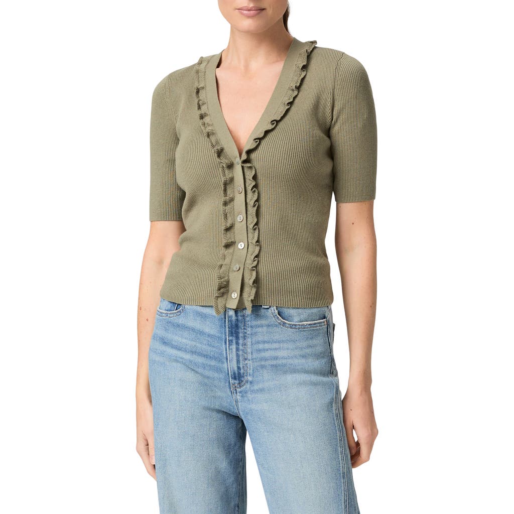 Paige Demetra Ruffle Rib Short Sleeve Cardigan In Green