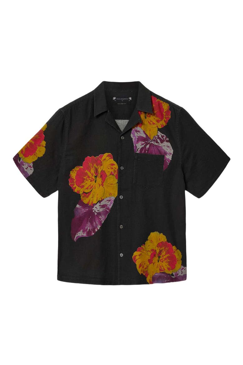 Nouvelle Floral Linen & Cotton Camp Shirt, Alternate, color, JET BLACK