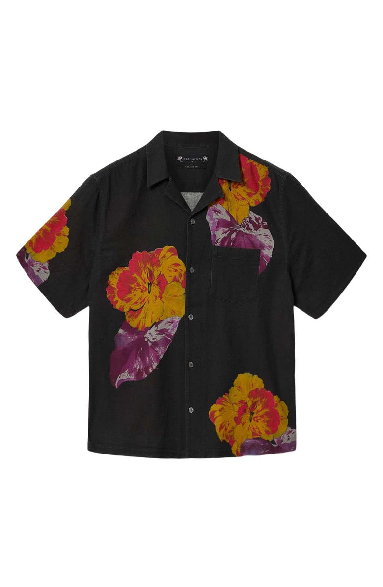 AllSaints Nouvelle Floral Linen & Cotton Camp Shirt, Alternate, color, Jet Black