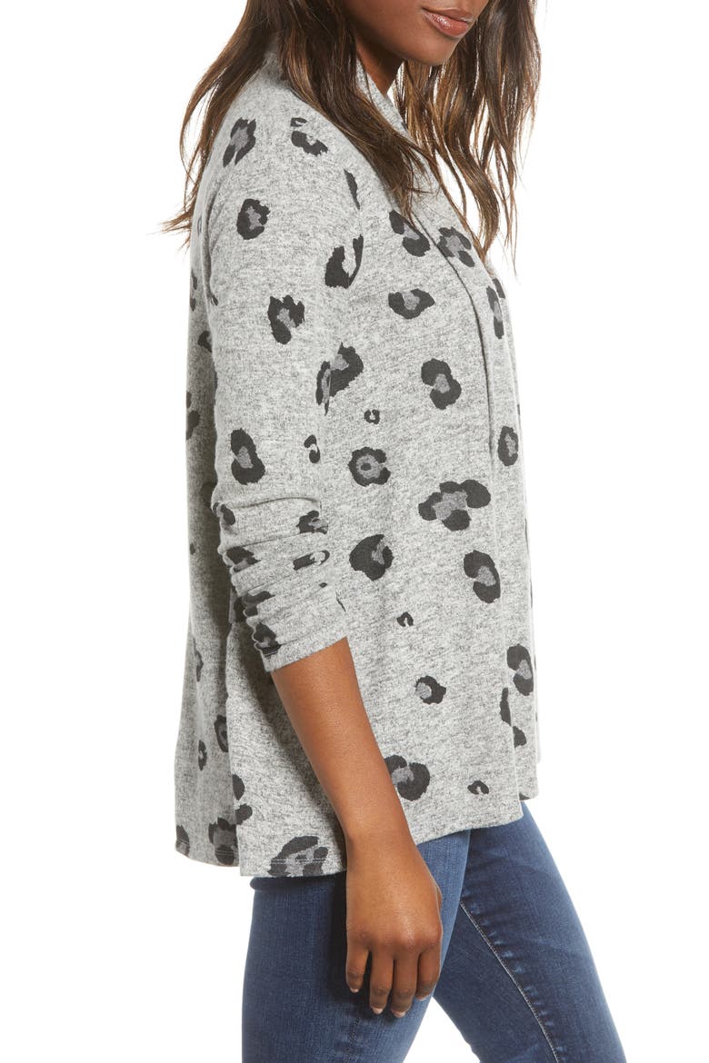 Gibson Open Front Fleece Cardigan, Alternate, color, GREY LEOPARD