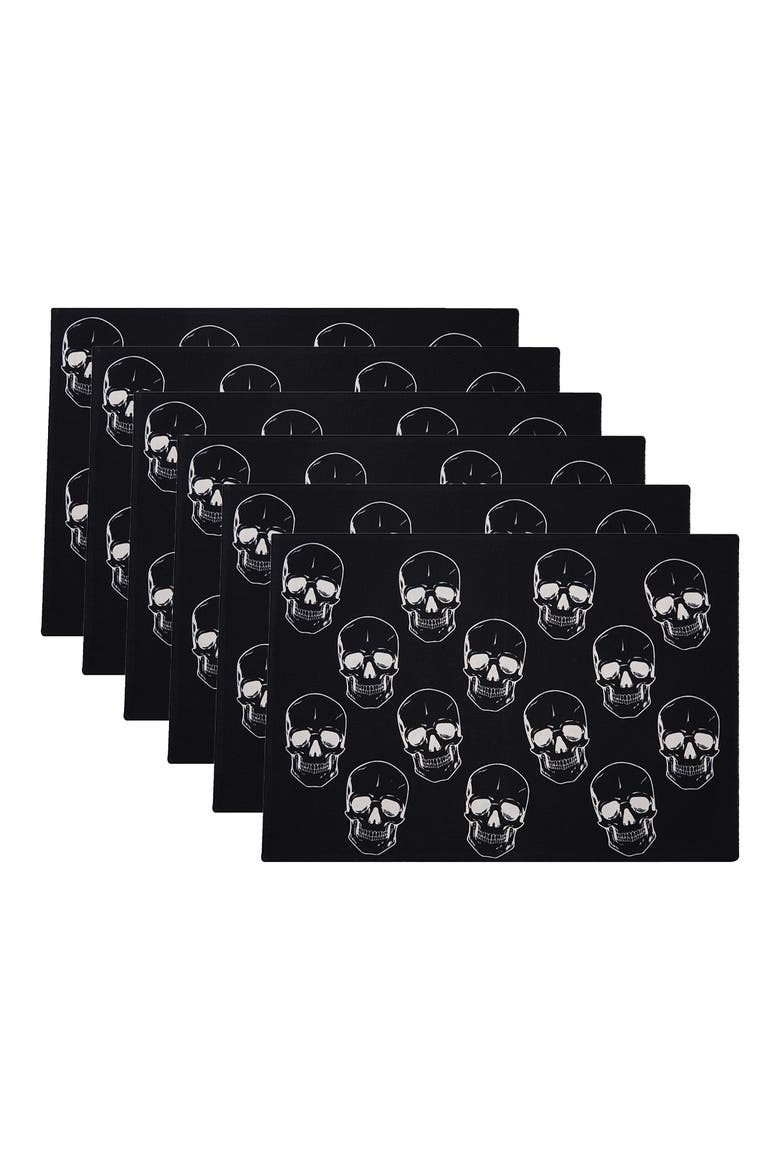 Skully Pattern Motifs Black & White 100% Cotton Set of 6 Halloween Placemats 14" x 20", Main, color, Black