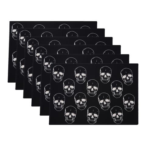 Skully Pattern Motifs Black & White 100% Cotton Set of 6 Halloween Placemats 14" x 20"