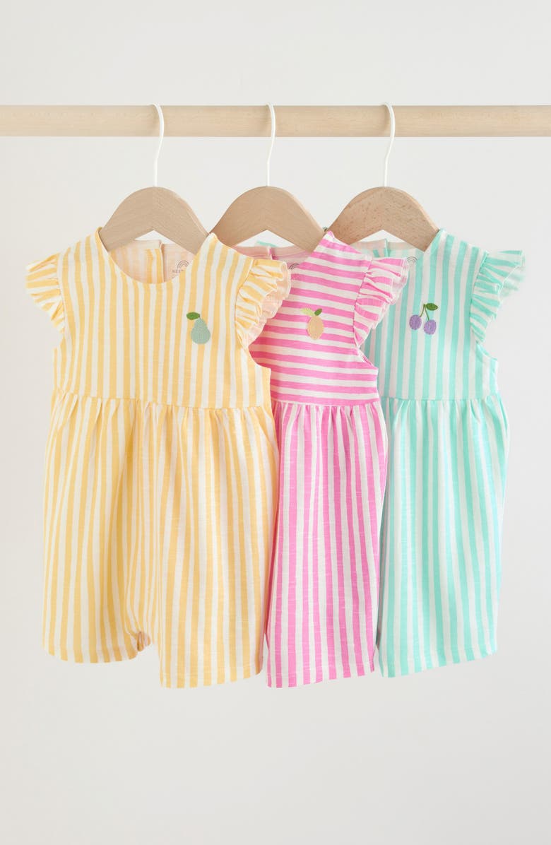 NEXT Pack of 3 Assorted Frill Cotton Rompers, Alternate, color, Pink Multi