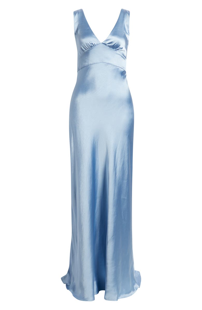Princess Polly Birdette Deep V-Neck Satin Gown, Main, color, Blue