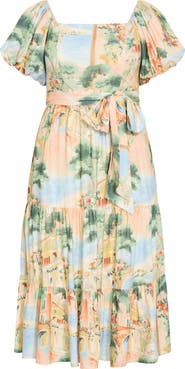 City Chic Laurena Floral Puff Sleeve Tie Belt Sundress