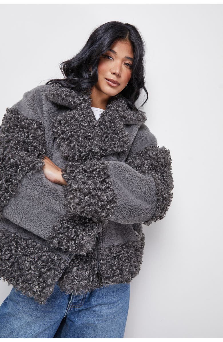 Warehouse Faux Fur Mix Zip Through Jacket, Alternate, color, Grey