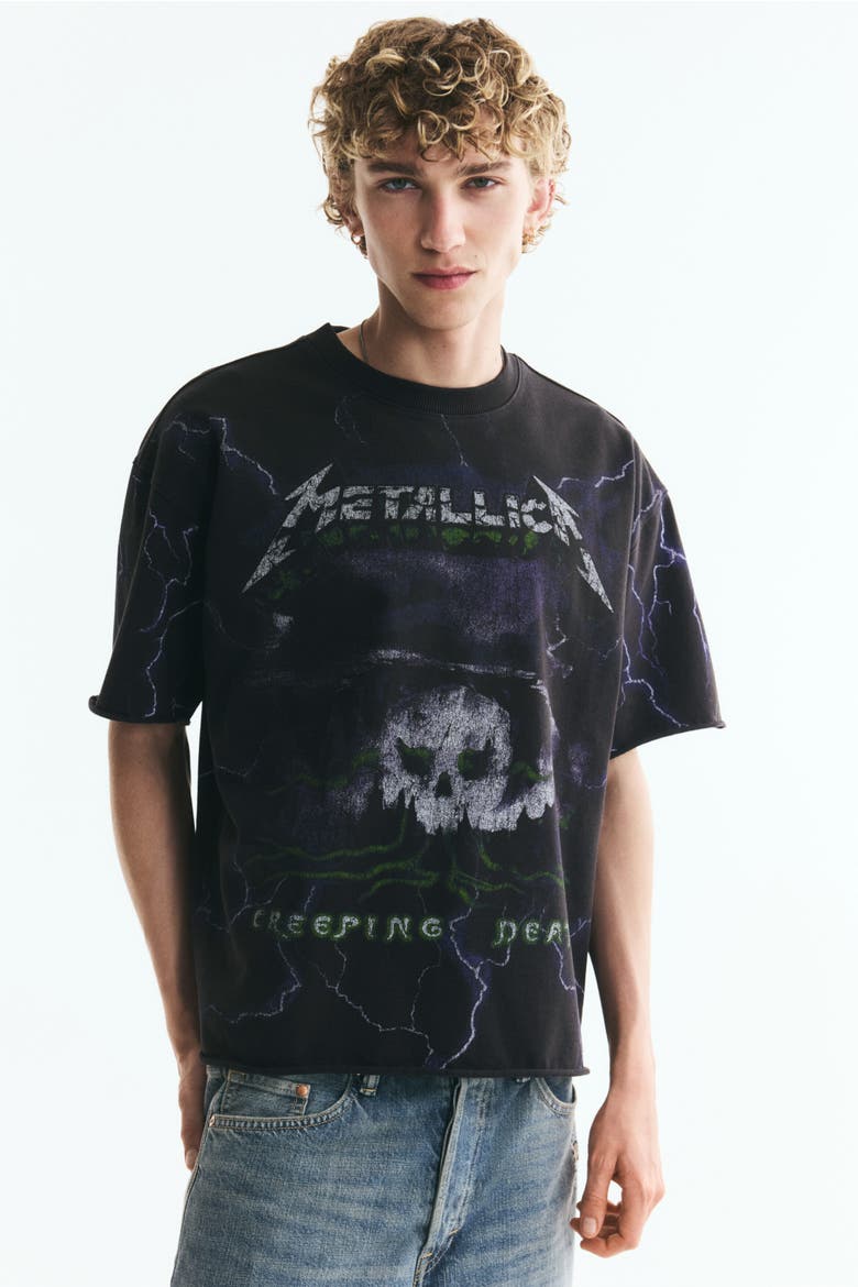 Oversized Printed Raw-edge Cotton T-shirt, Main, color, Black/Metallica