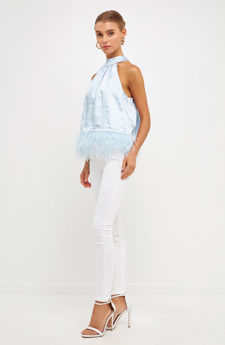 Endless Rose Feather Trim Satin Halter Top, Alternate, color, Ocean Blue