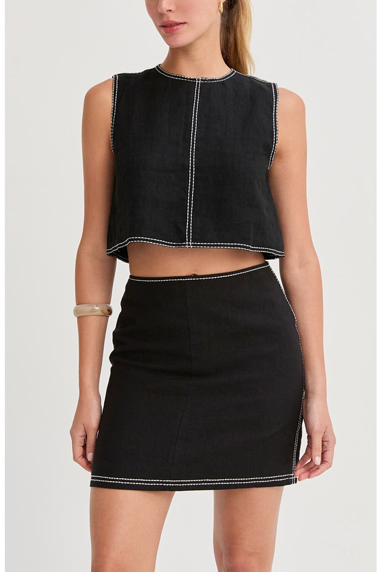 Embroidered Contrast Stitch Linen Mini Skirt, Alternate, color, Black