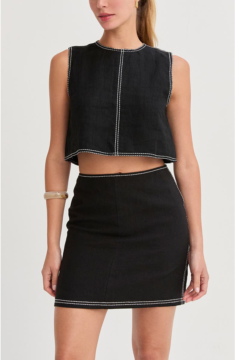 CRESCENT Embroidered Contrast Stitch Linen Mini Skirt, Alternate, color, Black