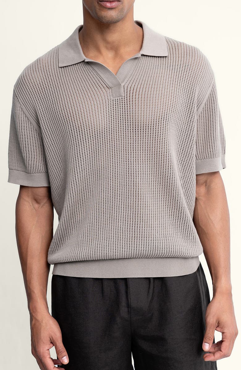 AUTO-REPLY<sup>™</sup> Johnny Collar Openwork Cotton Blend Polo Sweater, Main, color, Pumice/ Gray