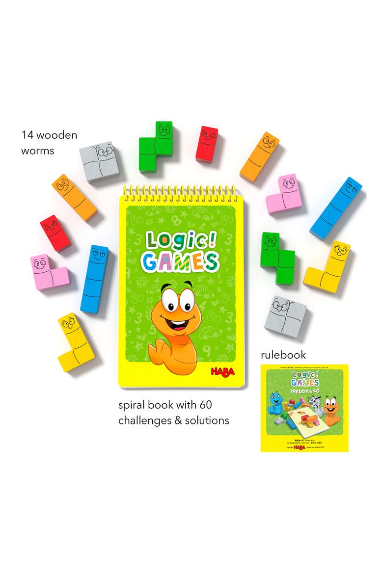 Logic! Games Happy Worms - Children's Board Game for 5+ with 60 Solo Brain Teasers and Puzzle Fun to Develop Fine Motor Skills, Made in Germany, Alternate, color, GREEN MULTI