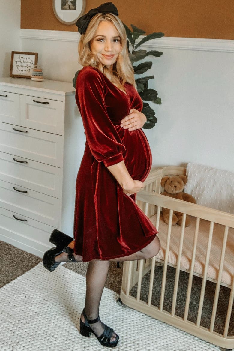 Velvet Wrap Front Babydoll Dress, Alternate, color, Burgundy