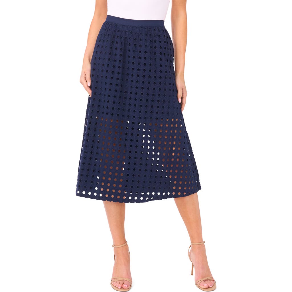 CeCe Eyelet Cotton Midi Skirt in Classic Navy at Nordstrom, Size Medium