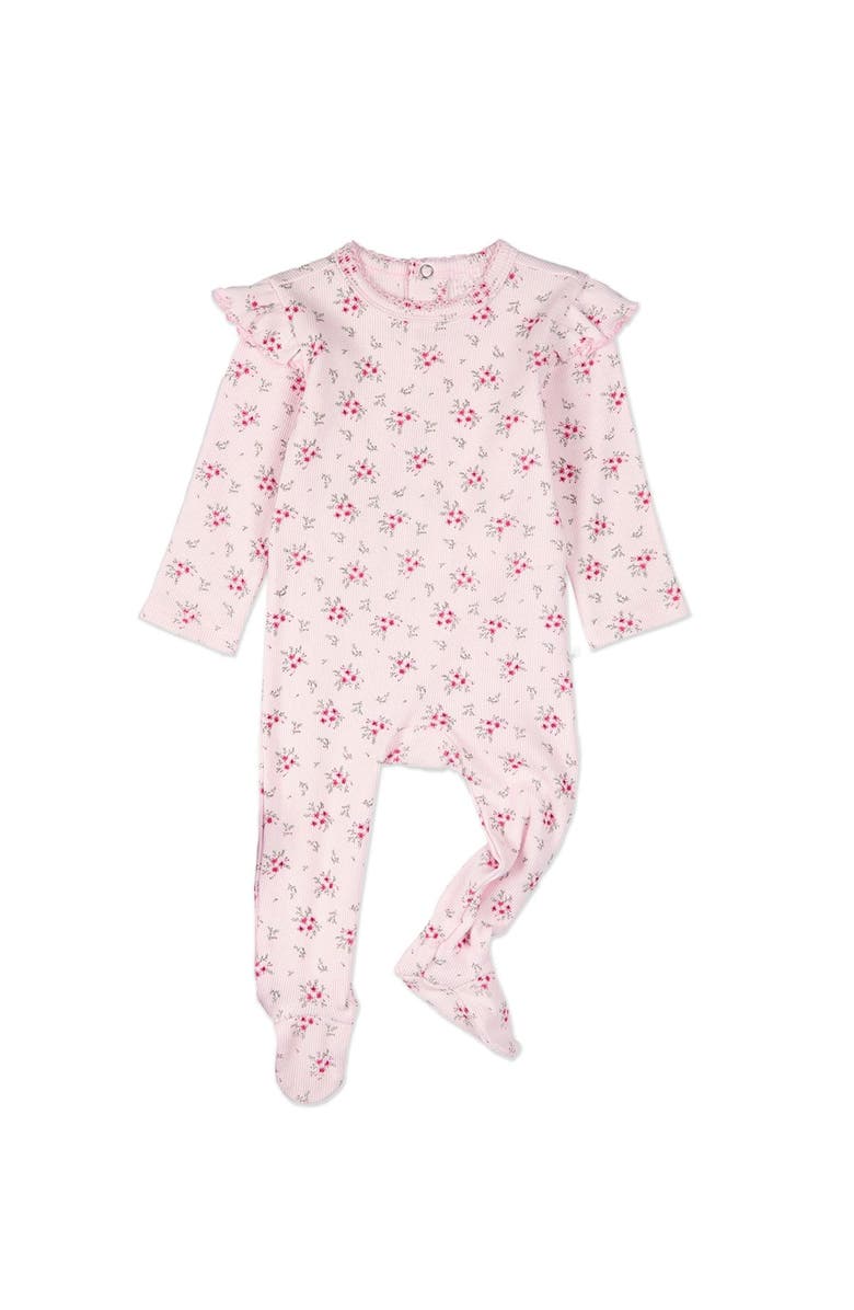 MiniMoi Cotton Rich Ruffle-Sleeve Floral Footie, Main, color, Pink