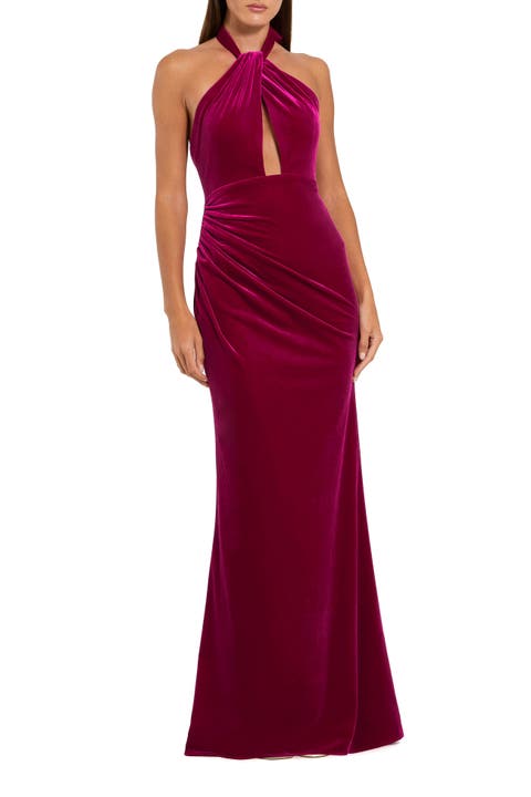 Velvet Halter Column Gown with Keyhole
