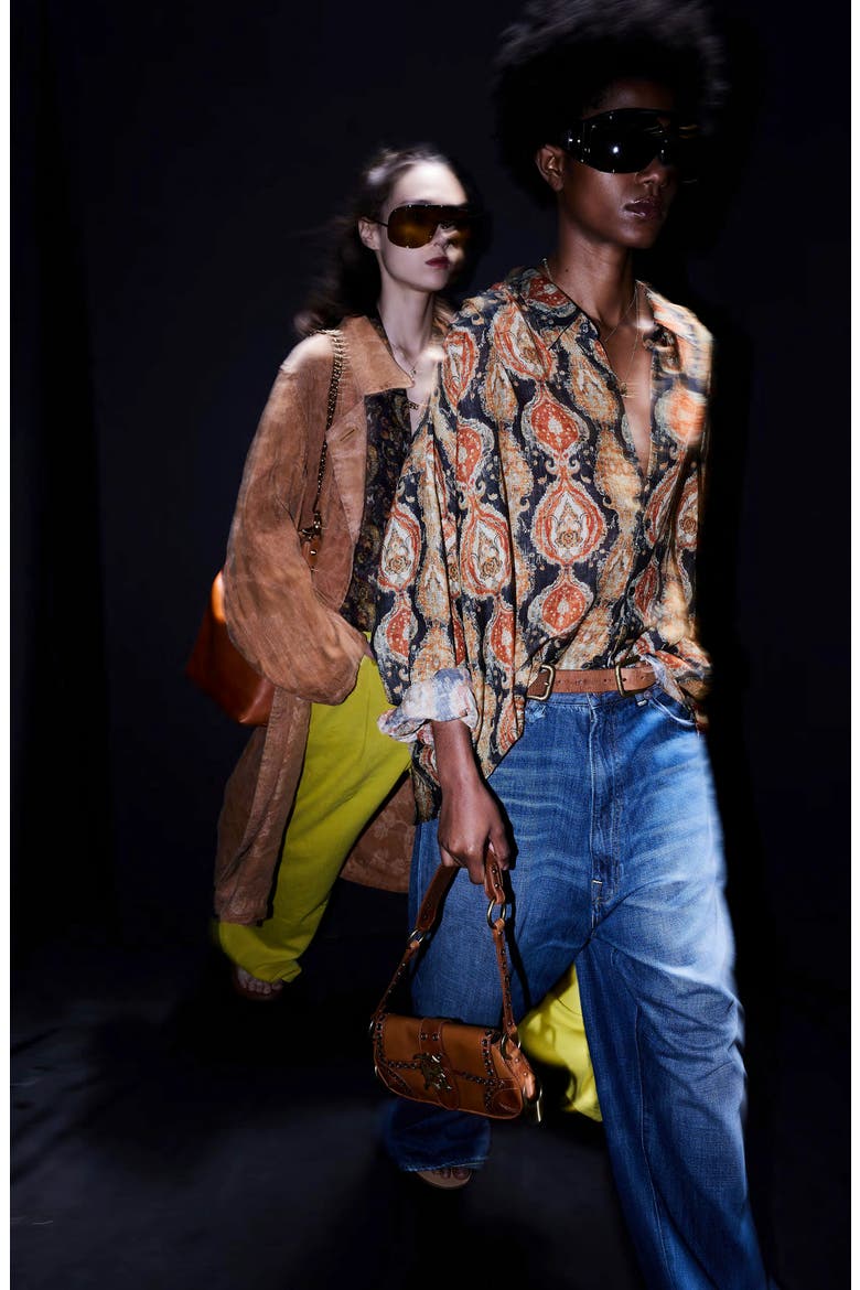 Shredded Seam Drop Neck Cotton Gauze Button-Up Shirt, Alternate, color, ORANGE DARK NAVY MULTICOLOR