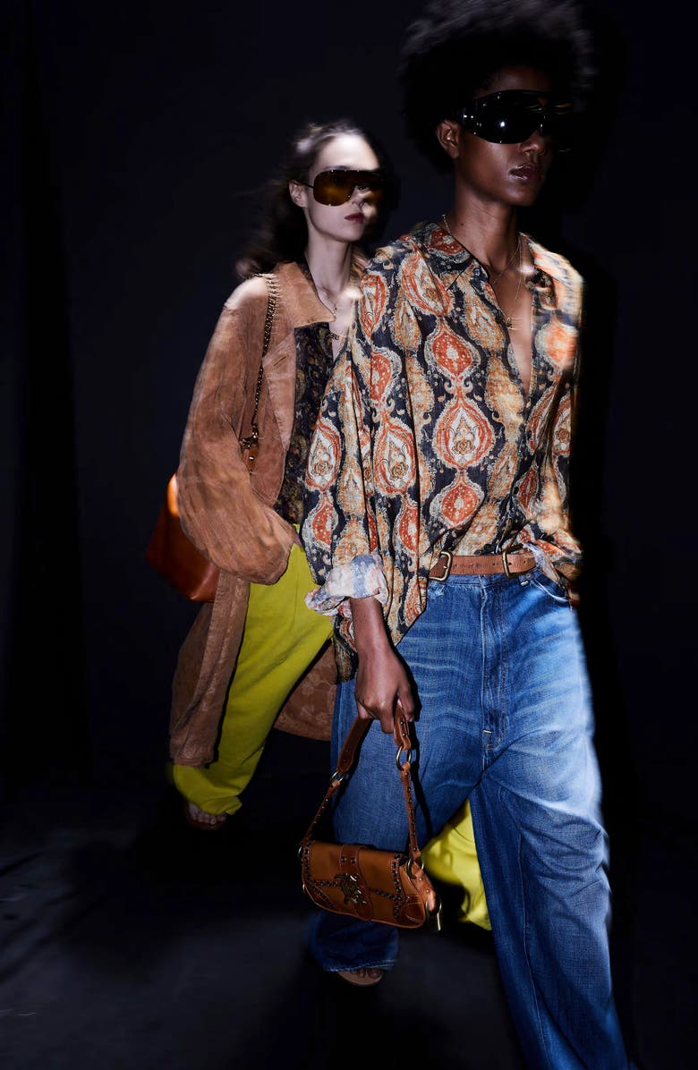 R13 Shredded Seam Drop Neck Cotton Gauze Button-Up Shirt, Alternate, color, Orange Dark Navy Multicolor