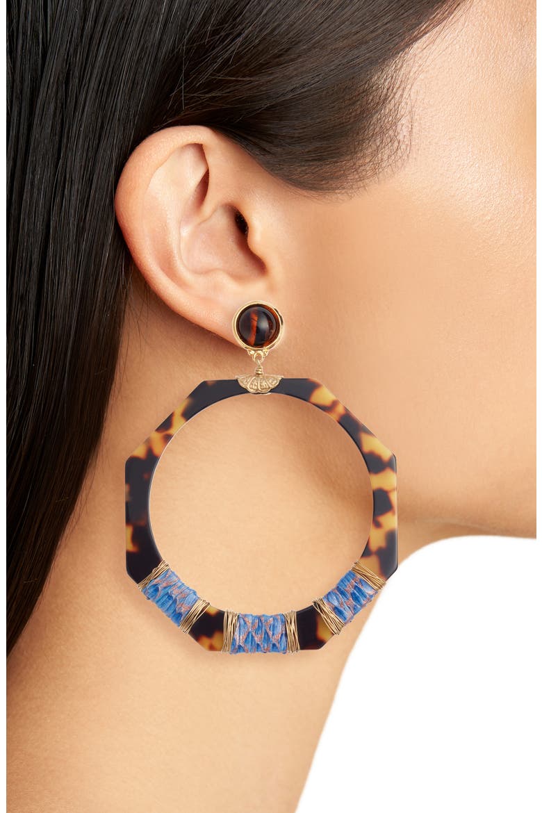 Genuine Snakeskin Wrapped Hoop Earrings, Alternate, color, BLUE/ TIGE