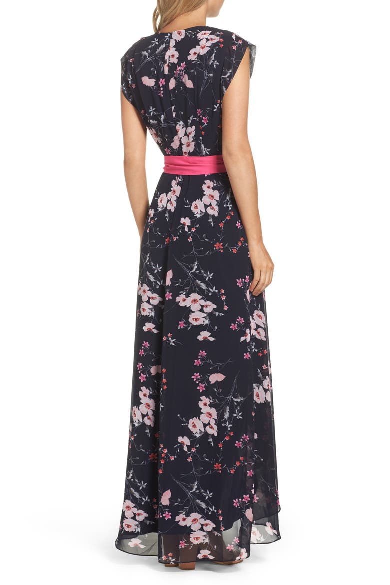 High/Low Floral Faux Wrap Maxi Dress, Alternate, color, NAVY/ PINK