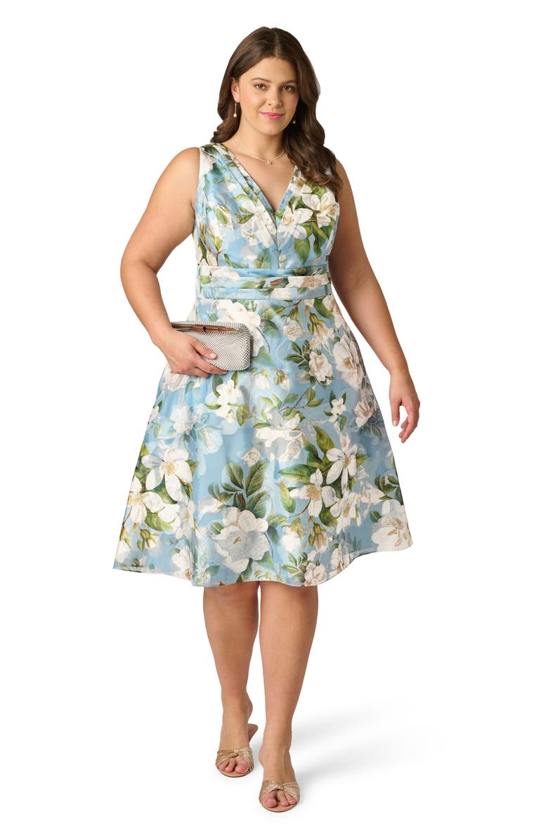 Adrianna Papell Magnolia Floral Jacquard Midi Fit & Flare Dress, Alternate, color, Blue Multi
