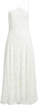 Black Halo Athena Crimped Lace One-Shoulder Midi Dress