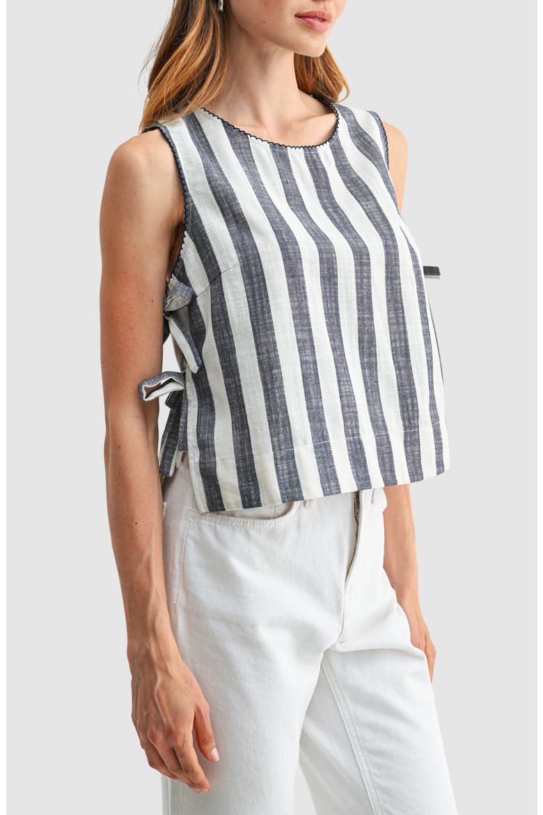 Stripe Side Ties Crop Cotton & Linen Blend Top, Alternate, color, NAVY STRIPE