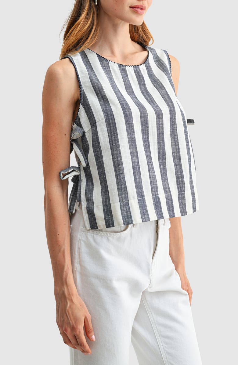 All in Favor <p>Stripe Side Ties Crop Cotton & Linen Blend Top</p>, Alternate, color, Navy Stripe