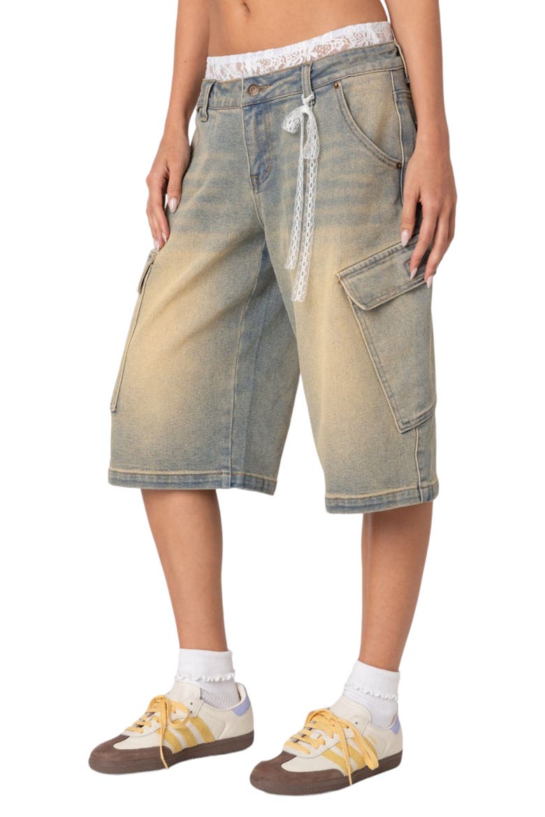 Lace Boxer Waist Nonstretch Denim Bermuda Shorts, Alternate, color, BLUE-VINTAGE-WASHED