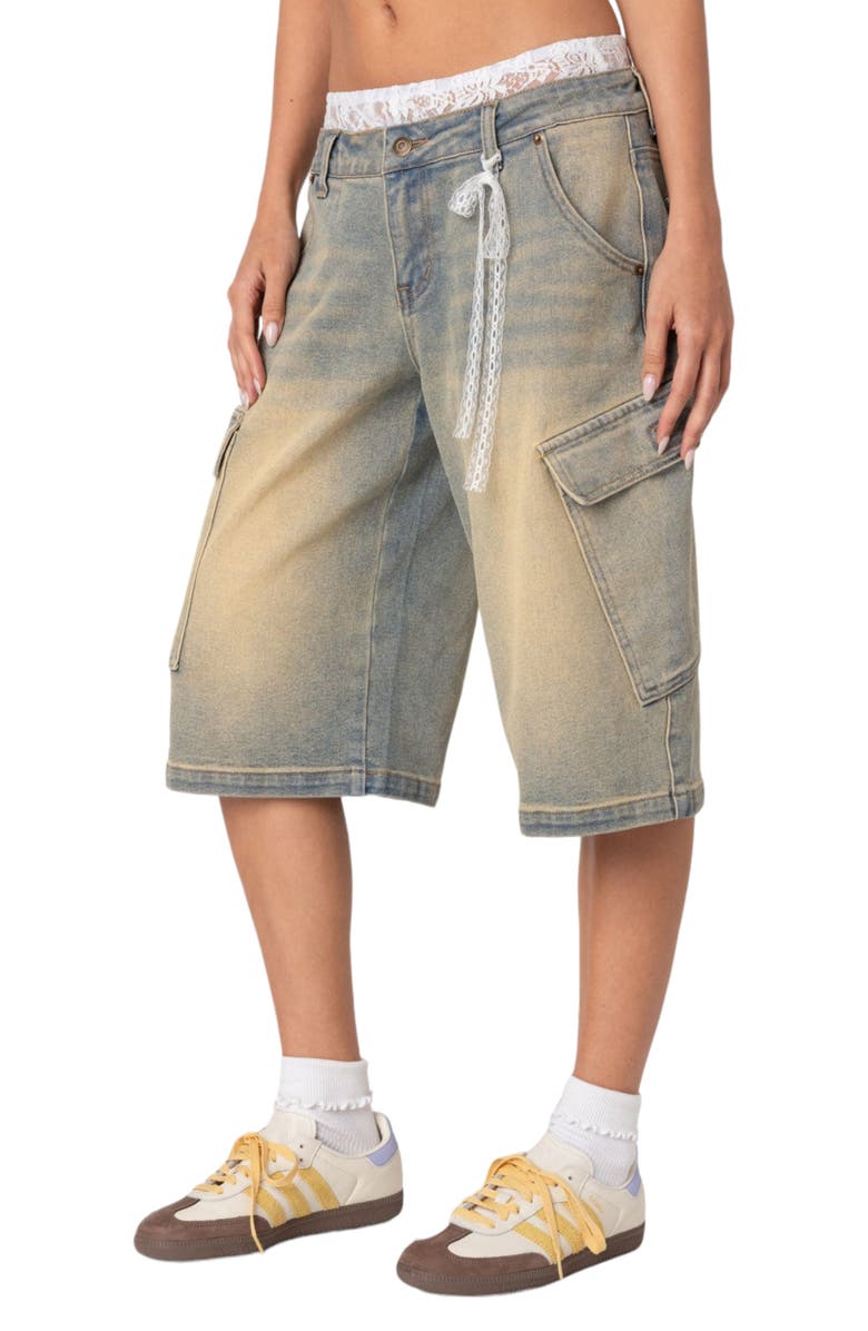EDIKTED Lace Boxer Waist Nonstretch Denim Bermuda Shorts, Alternate, color, Blue-Vintage-Washed