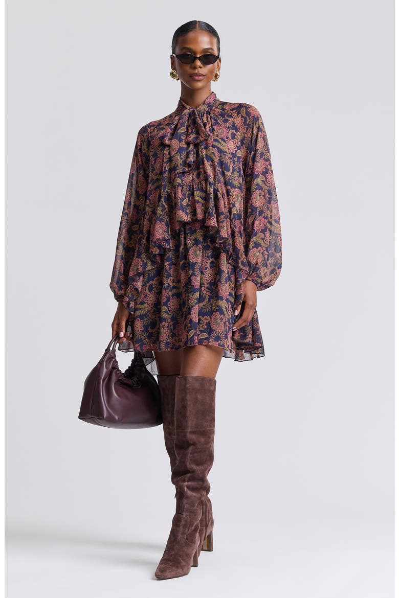 Paisley Print Long Sleeve Chiffon Tie Neck Dress, Alternate, color, NAVY PAISLEY GARDEN