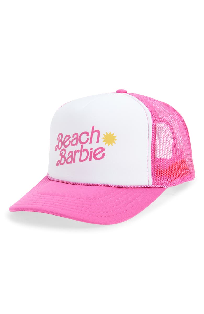 Friday Feelin’ Beach Barbie Trucker Hat, Main, color, Pink Split