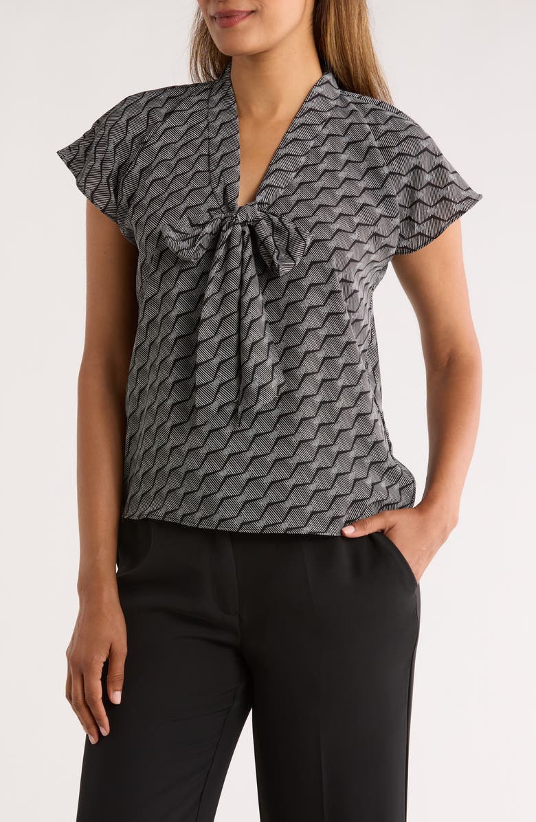 NORDSTROM RACK Tie Neck Flutter Sleeve Top, Main, color, Black- Ivory Rake Geometric