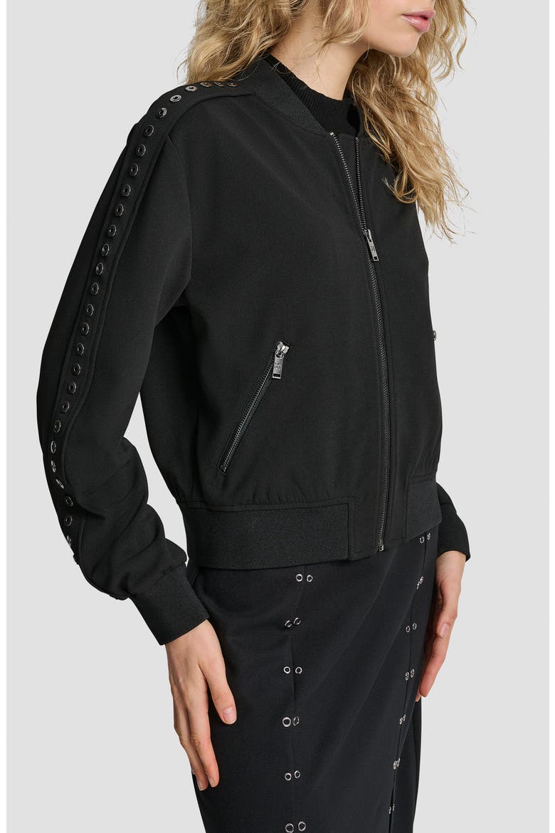 Grommet Trim Scuba Crepe Bomber Jacket, Alternate, color, BLACK