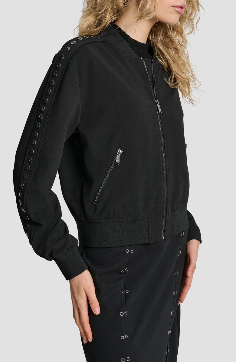 DKNY Grommet Trim Scuba Crepe Bomber Jacket, Alternate, color, Black