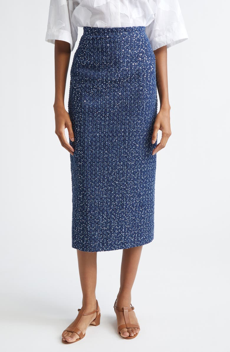 Michael Kors Collection Sequin Embellished Pencil Midi Skirt, Main, color, Indigo/ Silver