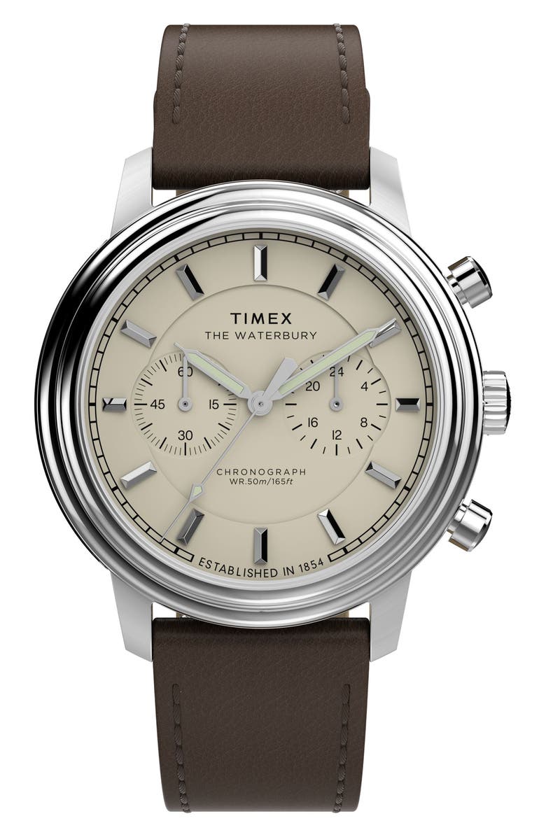 Timex<sup>®</sup> Waterbury Metropolitan Chronograph Leather Strap Watch, 41mm, Main, color, Brown