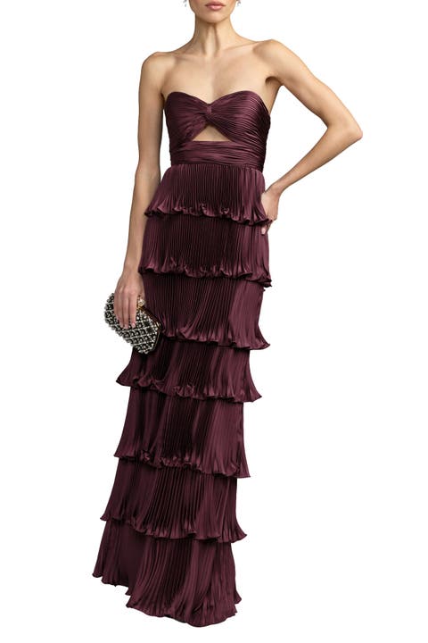Pleated Charmeuse Strapless Tiered Ruffle Gown
