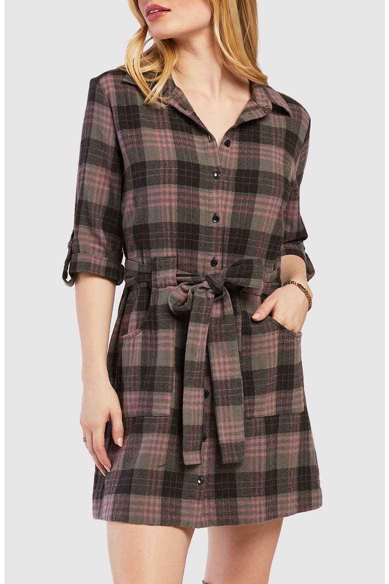 Plaid Mini Shirtdress, Alternate, color, GREY PINK
