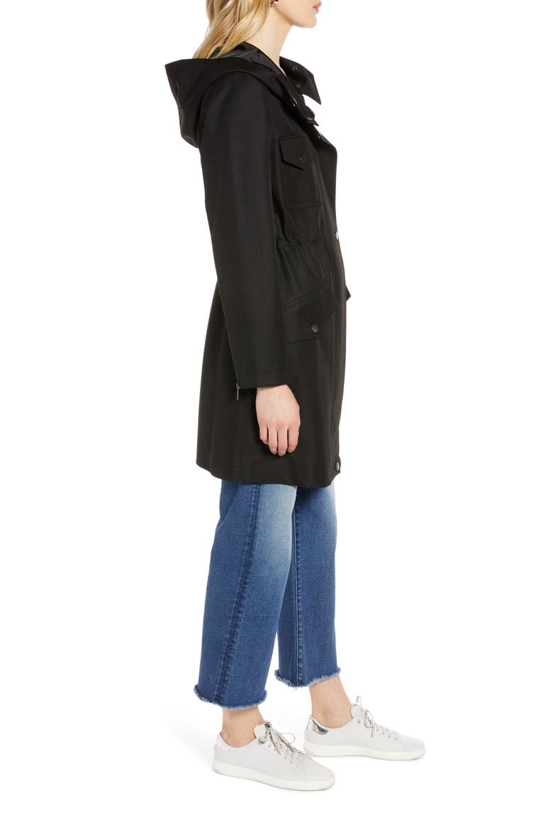 Cinch Waist Hooded Raincoat, Alternate, color, BLACK